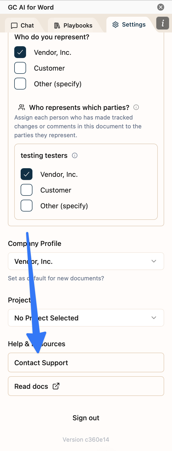 Contact Support in the GC AI for Word settings
