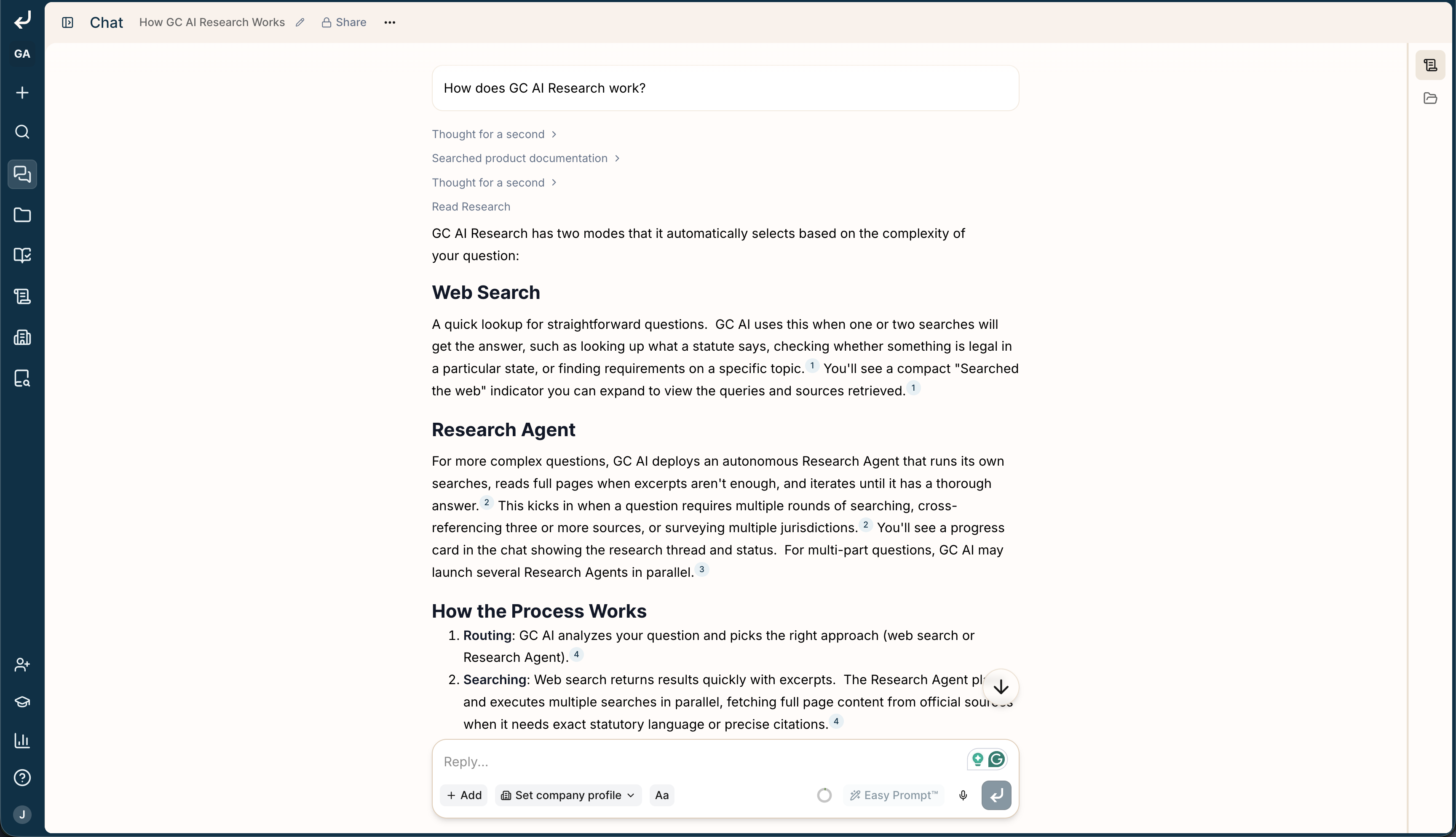 Asking GC AI a product question in chat