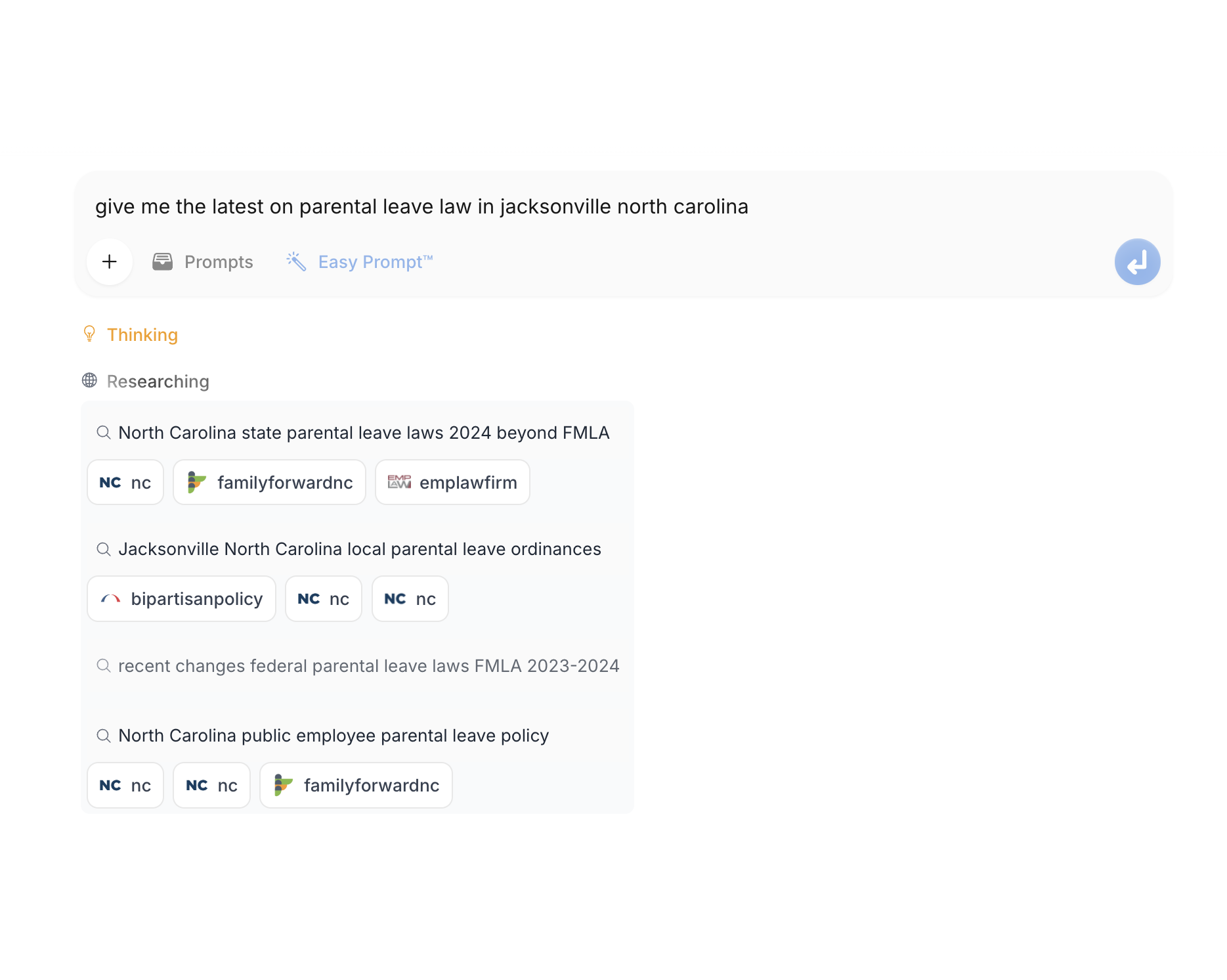 GC AI's Thinking indicator showing planned research steps